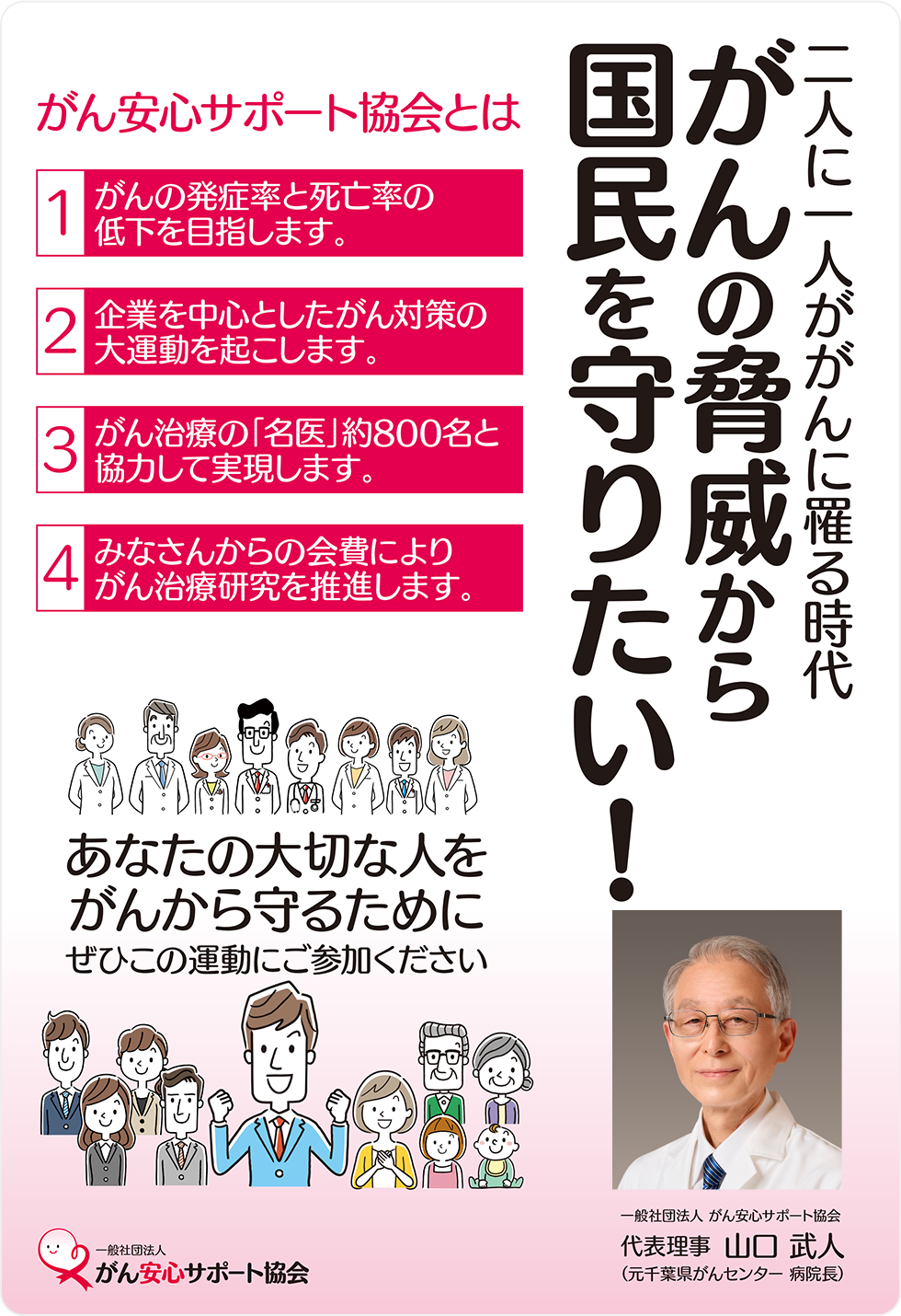 二人に一人ががんに罹る時代。がんの脅威から国民を守りたい！がん安心サポート協会とは「１）がんの発症率と死亡率の低下を目指します。」「２）企業を中心としたがん対策の大運動を起こします。」「３）がん治療の「名医」約800名と協力して実現します。」「４）みなさんからの会費によりがん治療研究を推進します。」。一般社団法人 がん安心サポート協会 代表理事 山口 武人（元千葉県がんセンター 病院長）「あなたの大切な人をがんから守るためにぜひこの運動にご参加ください」